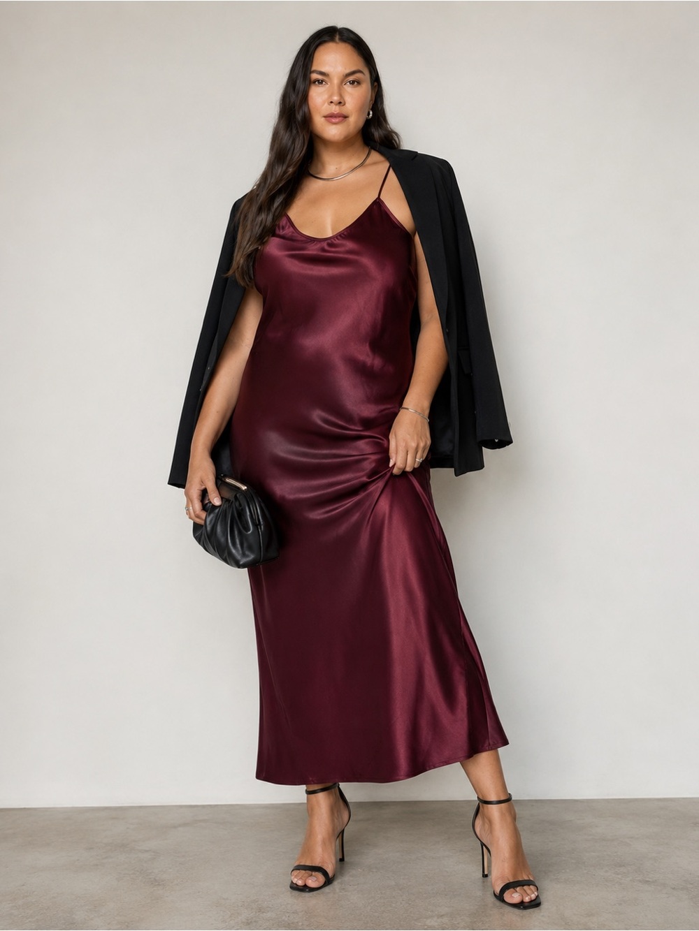 The Drop Lana Satin Slip Maxi Dress in Deep Wine NWT